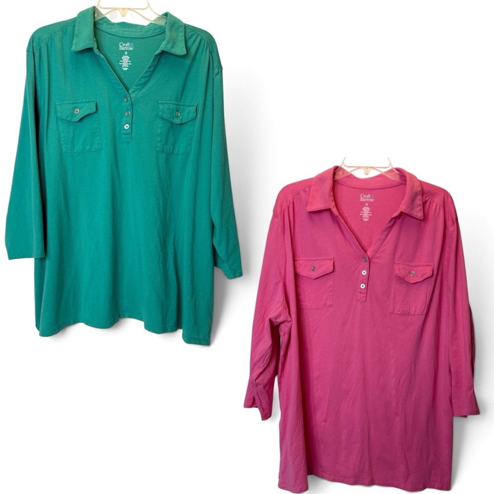 Croft & Barrow Green and Pink V-Neck 3/4 Sleeve Pullover Top Womens Plus 3X